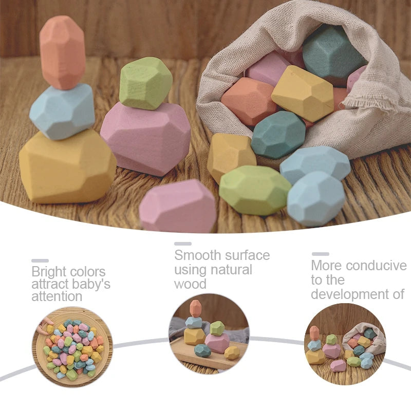 Wooden Stacking Building Block Game - Colorful Rainbow Stone Blocks for Kids - Joy Gift