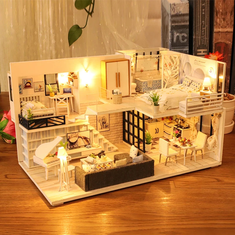 Cutebee DIY Doll House Miniature Kit with Furniture, LED, Music, and Dust Cover – Model Building Blocks for Kids - Joy Gift