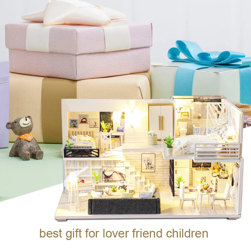 Cutebee DIY Doll House Miniature Kit with Furniture, LED, Music, and Dust Cover – Model Building Blocks for Kids - Joy Gift