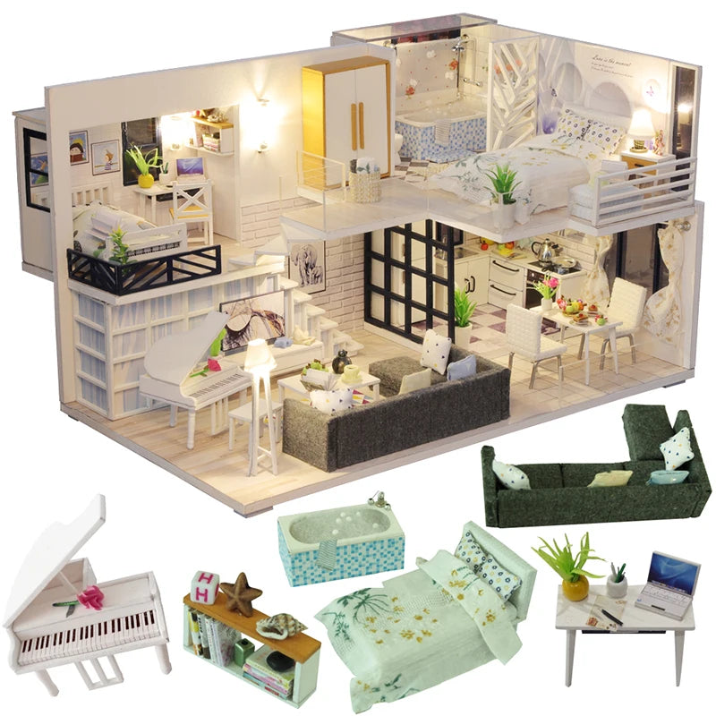 Cutebee DIY Doll House Miniature Kit with Furniture, LED, Music, and Dust Cover – Model Building Blocks for Kids - Joy Gift