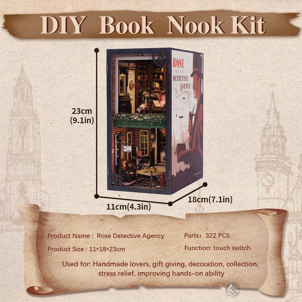 CUTEBEE Detective Agency 3D Puzzle Miniature Dollhouse Kit – Touch Light, Dust Cover, DIY Booknook Gift - Joy Gift