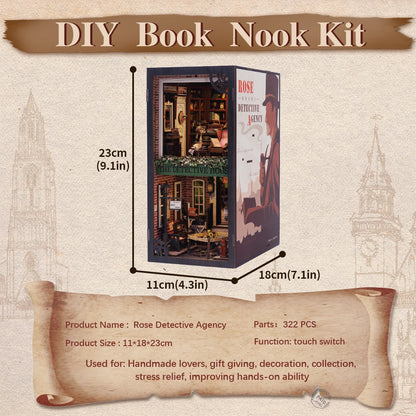 CUTEBEE Detective Agency 3D Puzzle Miniature Dollhouse Kit – Touch Light, Dust Cover, DIY Booknook Gift - Joy Gift