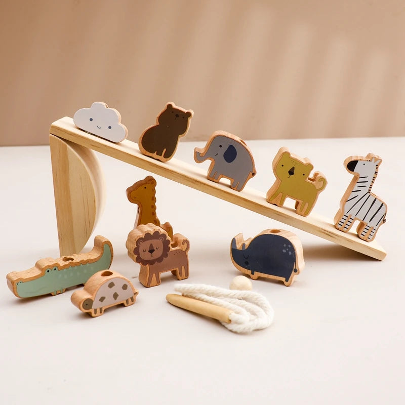 Baby Animal Threading Seesaw Toy | Montessori Wooden Stacking Blocks for Kids - Joy Gift