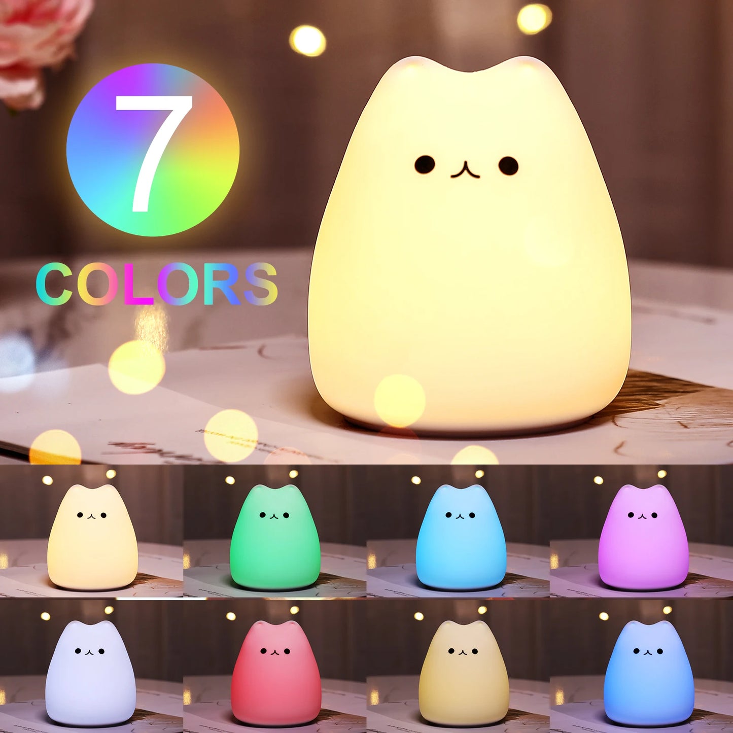 Mini Kawaii Cat Baby Night Lamp | 7-Color Pat Touch Color-Changing Eye Protection Nightlight for Kids - Joy Gift