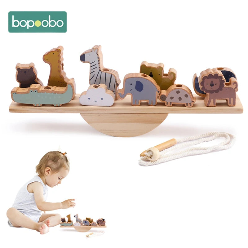 Baby Animal Threading Seesaw Toy | Montessori Wooden Stacking Blocks for Kids - Joy Gift