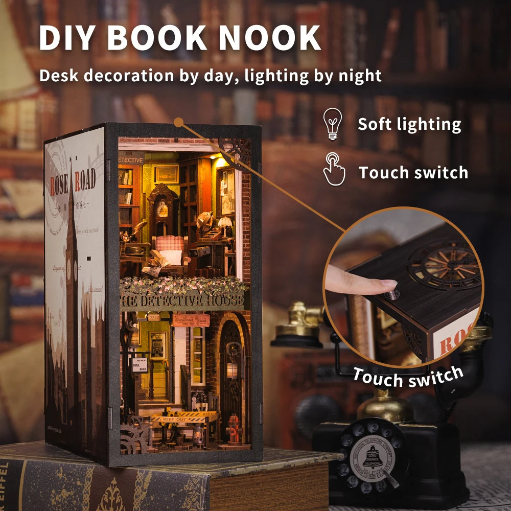 CUTEBEE Detective Agency 3D Puzzle Miniature Dollhouse Kit – Touch Light, Dust Cover, DIY Booknook Gift - Joy Gift