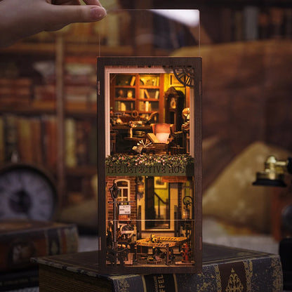 CUTEBEE Detective Agency 3D Puzzle Miniature Dollhouse Kit – Touch Light, Dust Cover, DIY Booknook Gift - Joy Gift