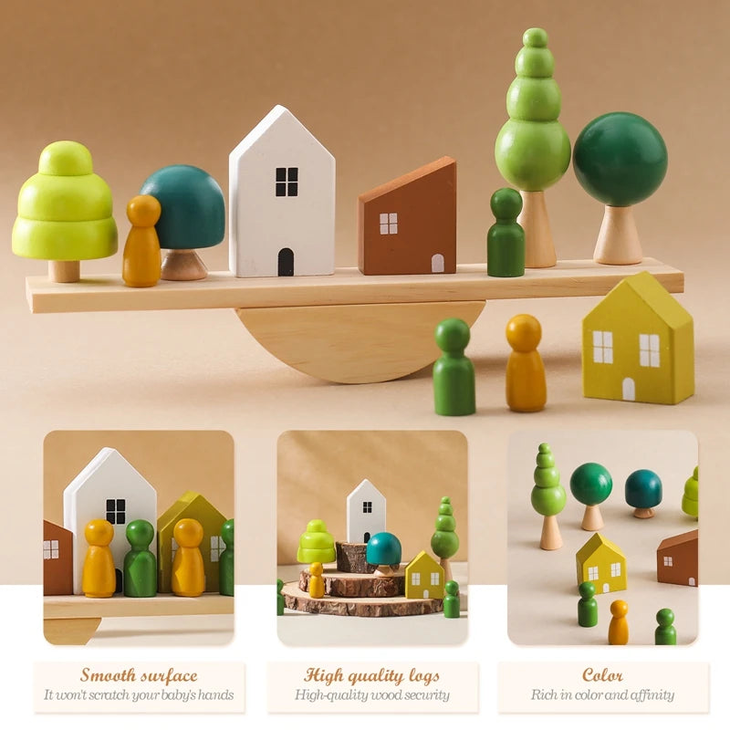 Montessori Sensory Stacking Toys for Babies – Forest Houses Wooden Blocks - Joy Gift