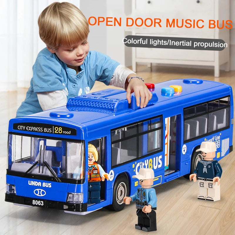 High Quality Simulation Bus Toy with Lights, Music, and Inertia - Educational Pull Back Car for Kids - Joy Gift