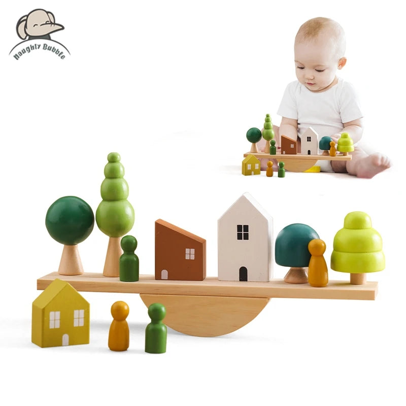 Montessori Sensory Stacking Toys for Babies – Forest Houses Wooden Blocks - Joy Gift