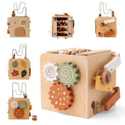 Five-in-One Wooden Montessori Activity Cube | Educational Toy for Kids - Joy Gift