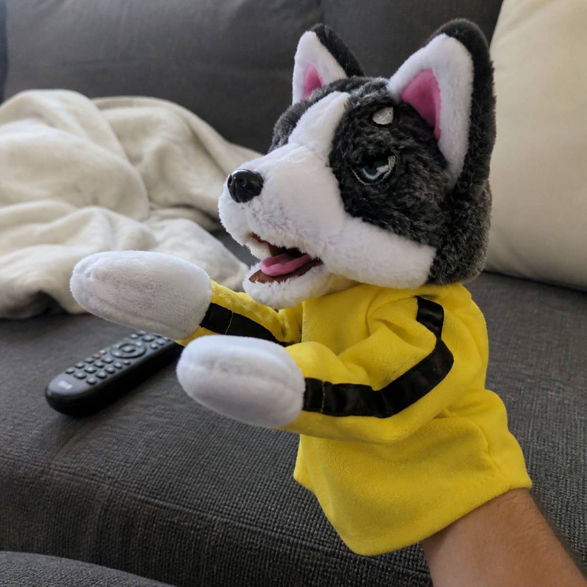 Demo customer photo 1 showing Boxing Husky Hand Puppet in use