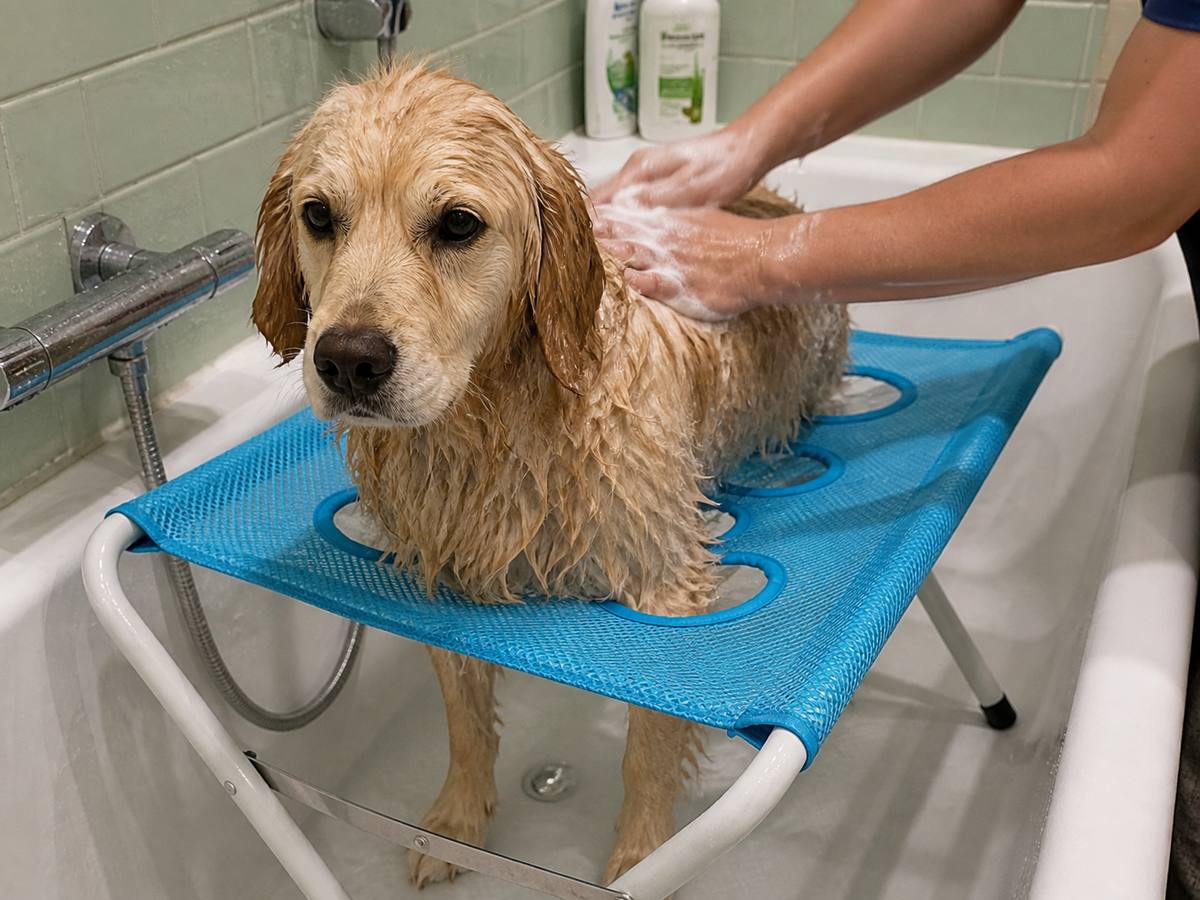 Demo customer photo 1 showing Foldable Pet Grooming Hammock Stand in use