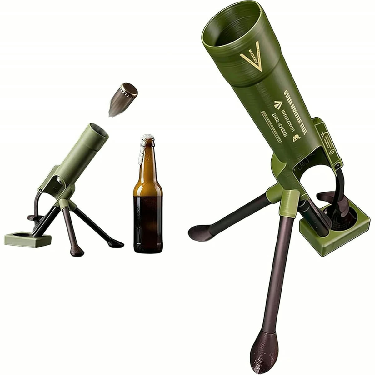 Joy Gift Studio - Mortar-style bottle opener shown with its tripod base and compatible bottle format.
